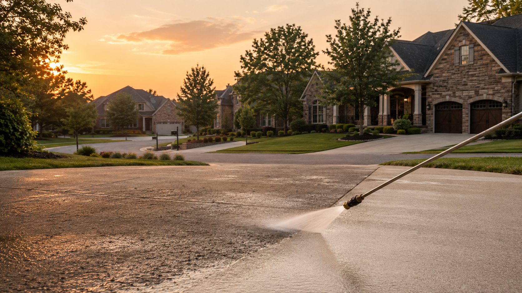 A driveway being pressure washed at dusk: the clean half meets the stained half, brick homes behind